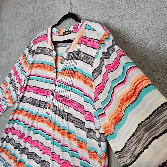 Reborn Womens Pin Tuck Blouse Sz 2XL Colorful Striped Henley Top Beachy Summer - Picture 4 of 8